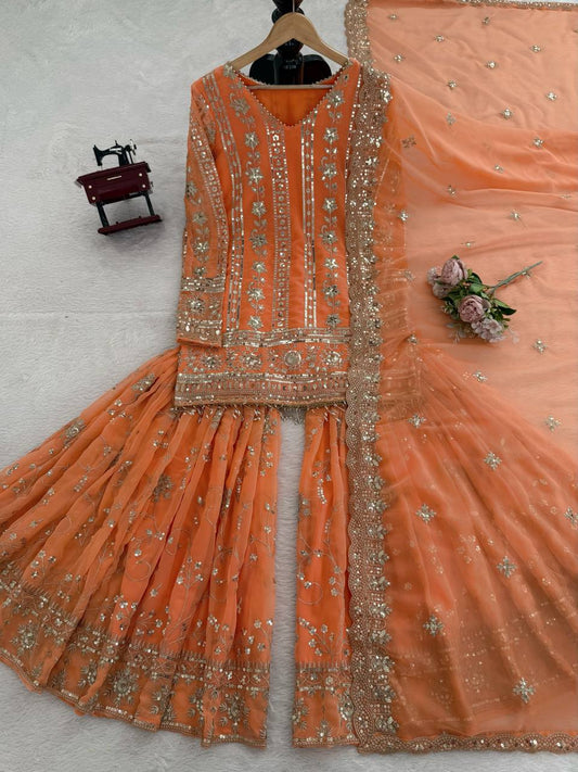 Attractive Orange Georgette Thread Work Sharara Suit
