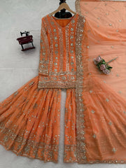 Attractive Orange Georgette Thread Work Sharara Suit