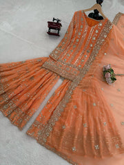 Attractive Orange Georgette Thread Work Sharara Suit