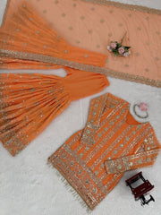 Attractive Orange Georgette Thread Work Sharara Suit