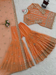 Attractive Orange Georgette Thread Work Sharara Suit
