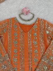 Attractive Orange Georgette Thread Work Sharara Suit