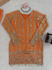 Attractive Orange Georgette Thread Work Sharara Suit