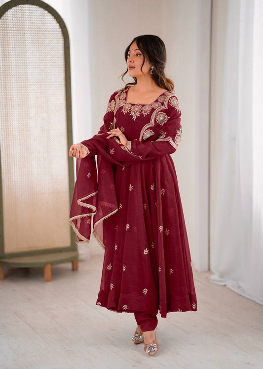 Gorgeous Maroon Crunchy Silk with Embroidery Work Gown