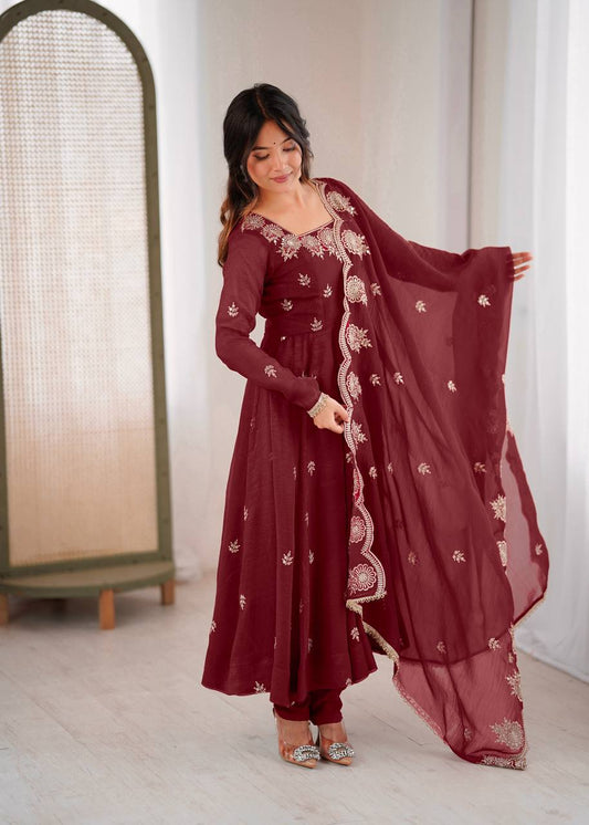 Gorgeous Maroon Crunchy Silk with Embroidery Work Gown