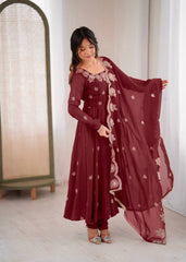 Gorgeous Maroon Color Embroidery Work Gown