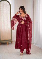 Gorgeous Maroon Color Embroidery Work Gown