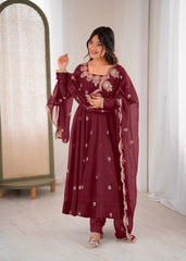 Gorgeous Maroon Color Embroidery Work Gown