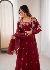 Gorgeous Maroon Color Embroidery Work Gown