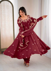 Gorgeous Maroon Color Embroidery Work Gown