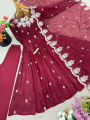Gorgeous Maroon Color Embroidery Work Gown