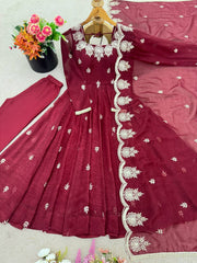 Gorgeous Maroon Color Embroidery Work Gown
