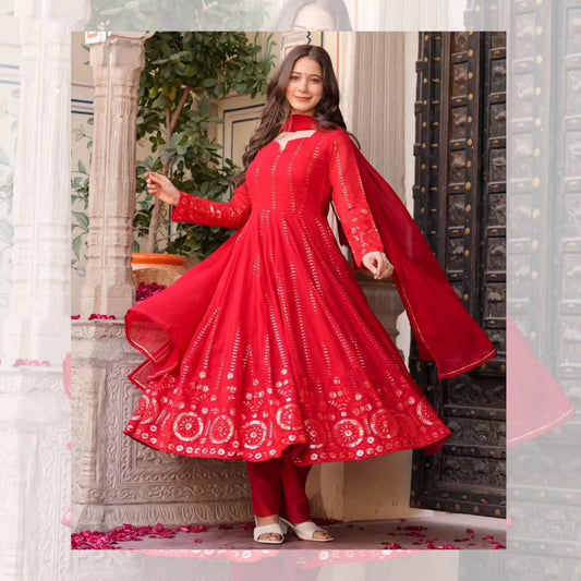 Amazing Red Faux Georgette Embroidered Anarkali Suit