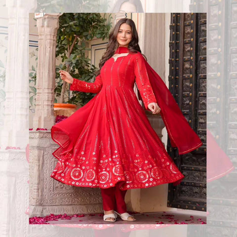 Amazing Red Faux Georgette Embroidered Anarkali Suit