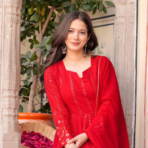 Amazing Red Faux Georgette Embroidered Anarkali Suit