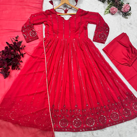 Amazing Red Faux Georgette Embroidered Anarkali Suit