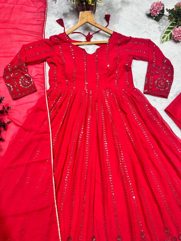 Amazing Red Faux Georgette Embroidered Anarkali Suit