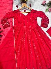 Amazing Red Faux Georgette Embroidered Anarkali Suit
