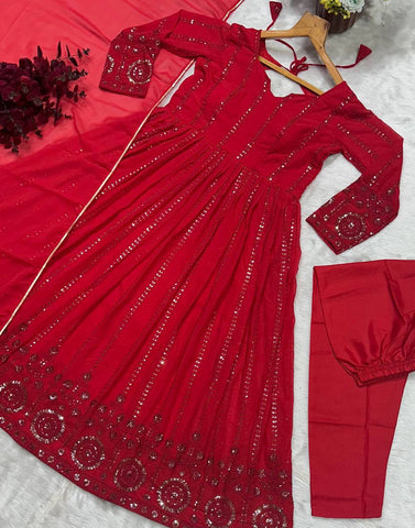 Amazing Red Faux Georgette Embroidered Anarkali Suit