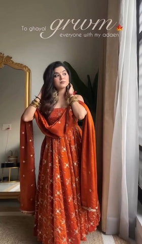 Adorable Kesriya Silk with Thread Work Anarkali Suit