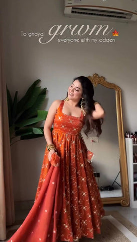 Adorable Kesriya Silk with Thread Work Anarkali Suit