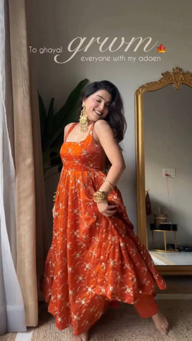 Adorable Kesriya Silk with Thread Work Anarkali Suit
