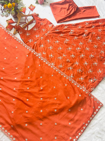 Adorable Kesriya Silk with Thread Work Anarkali Suit
