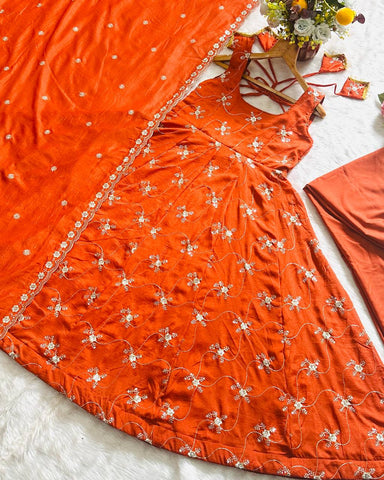 Adorable Kesriya Silk with Thread Work Anarkali Suit
