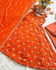 Adorable Kesriya Silk with Thread Work Anarkali Suit