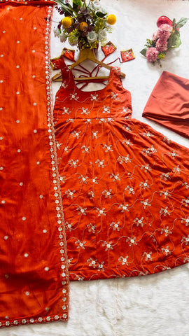 Adorable Kesriya Silk with Thread Work Anarkali Suit