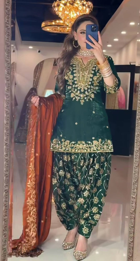 Gorgeous Green Chinon Silk Sequence Work Dhoti Suit