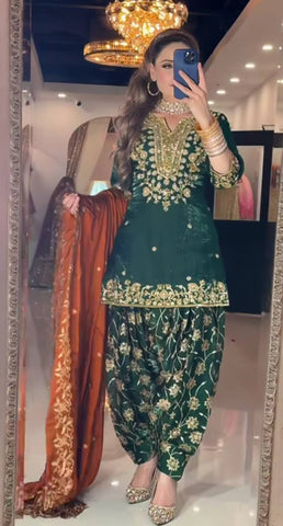Gorgeous Green Chinon Silk Sequence Work Dhoti Suit