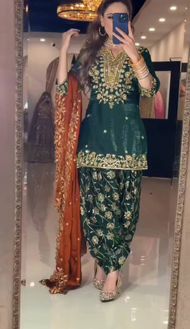Gorgeous Green Chinon Silk Sequence Work Dhoti Suit