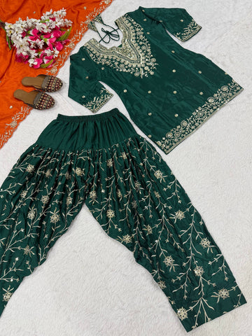 Gorgeous Green Chinon Silk Sequence Work Dhoti Suit