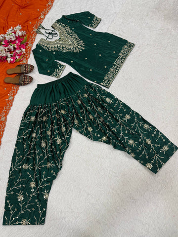 Gorgeous Green Chinon Silk Sequence Work Dhoti Suit