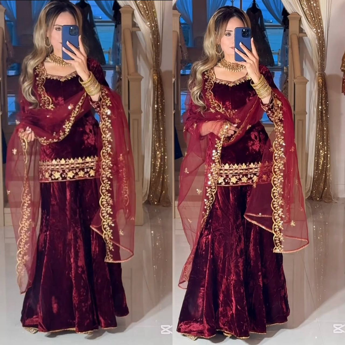 Glorious Red Velvet Sequence Work Sharara Suit