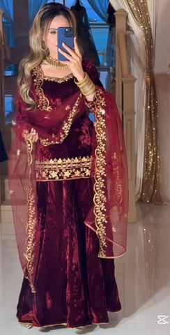 Glorious Red Velvet Sequence Work Sharara Suit