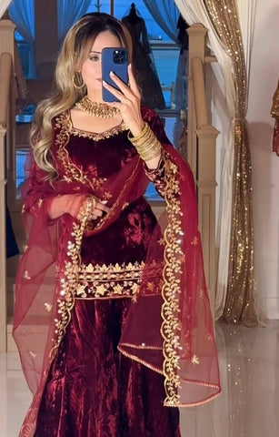 Glorious Red Velvet Sequence Work Sharara Suit