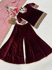 Glorious Red Velvet Sequence Work Sharara Suit