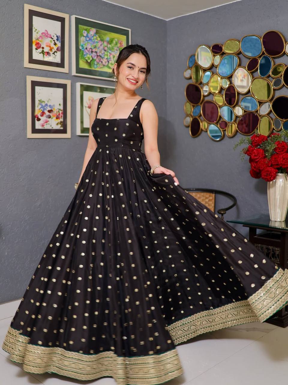 Stunning Black Silk with Sequins Work Anarkali Gown