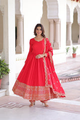 Ravishing Red Silk with Embroidered Work Gown