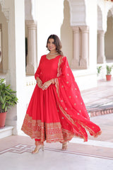 Ravishing Red Silk with Embroidered Work Gown