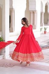 Ravishing Red Silk with Embroidered Work Gown