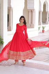 Ravishing Red Silk with Embroidered Work Gown