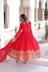 Ravishing Red Silk with Embroidered Work Gown