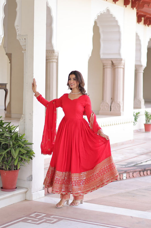 Ravishing Red Silk with Embroidered Work Gown