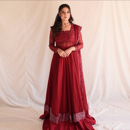 Glorious Maroon Blooming Embroidery Anarkali Suit