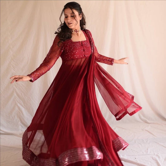 Glorious Maroon Blooming Embroidery Anarkali Suit