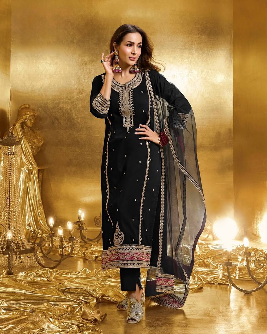 Attractive Black Georgette Embroidery Work Palazzo Suit