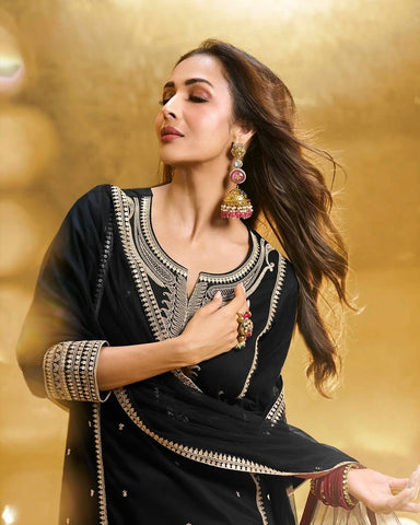 Attractive Black Georgette Embroidery Work Palazzo Suit